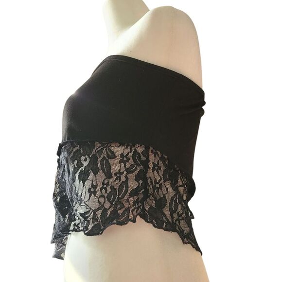Strapless Black Lace Bandeau Crop Tube Top Asymmetrical Hem - Women's Size Large - Picture 3 of 9